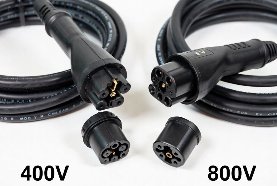 800V EV charging system showing lower current, reduced heat, and faster DC charging performance
