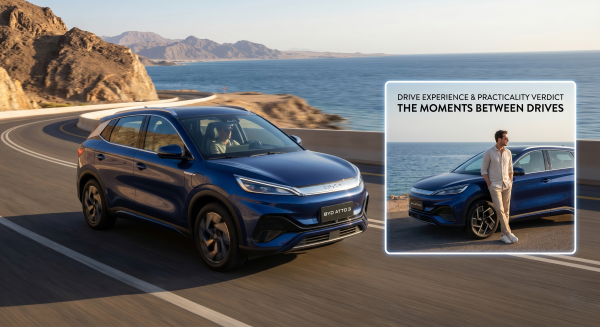 BYD Atto 3 interior — rotating AMOLED screen and guitar string door panels