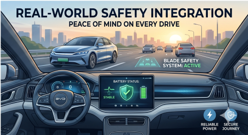 BYD Han interior driving with Blade Safety System Active dashboard indicator