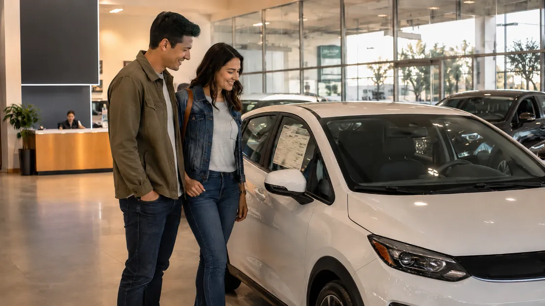 Buyers comparing prices of affordable electric cars at a dealership
