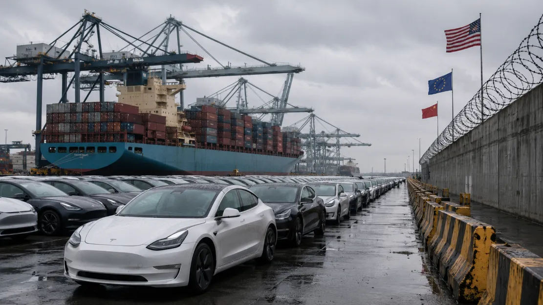 Electric cars at a shipping port representing tariffs on Chinese EV imports