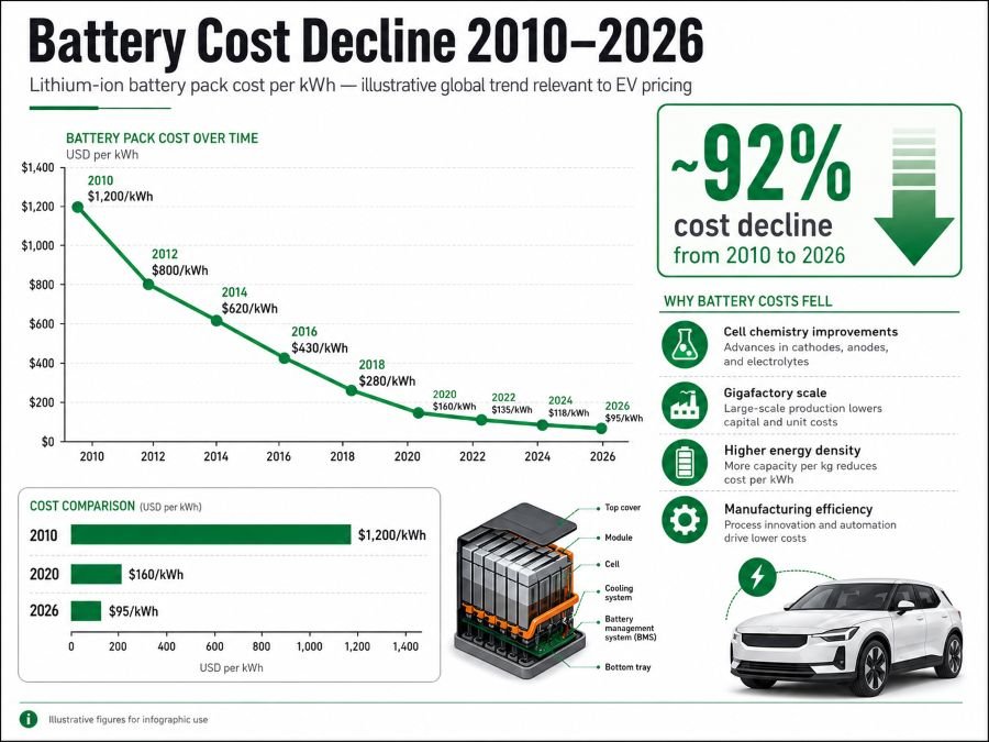 Battery cost decline 2010-2026 graph lithium-ion price reduction history