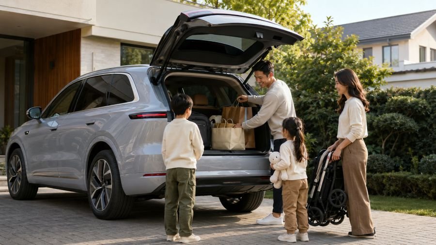 Family loading luggage into a Chinese electric SUV