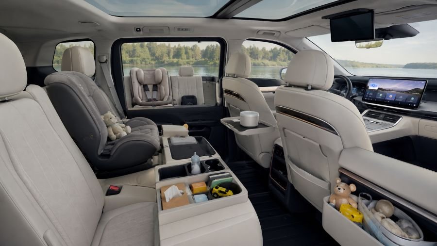 Spacious Chinese electric family car interior with child seats