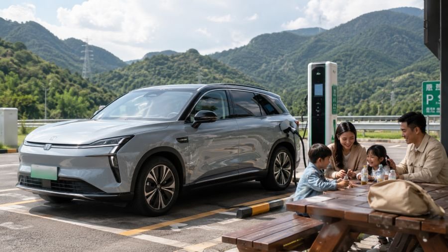 Chinese electric family SUV charging during a road trip