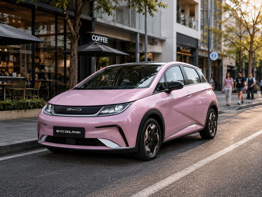 BYD Dolphin compact size showcased in urban street parking, cherry blossom pink color, daylight photography, modern cityscape background