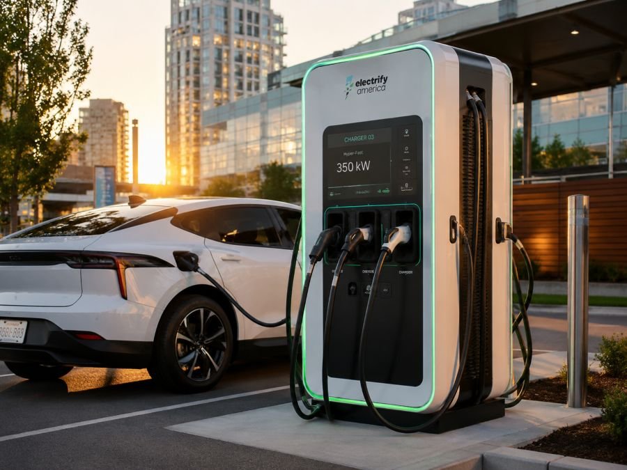 EV charging station with multiple cables, fast DC charging pod, modern minimalist design, sunset lighting, electric infrastructure