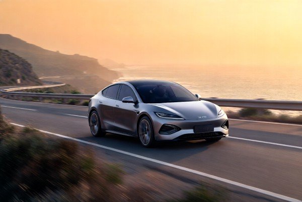 BYD Han EV in motion on scenic coastal road at sunset