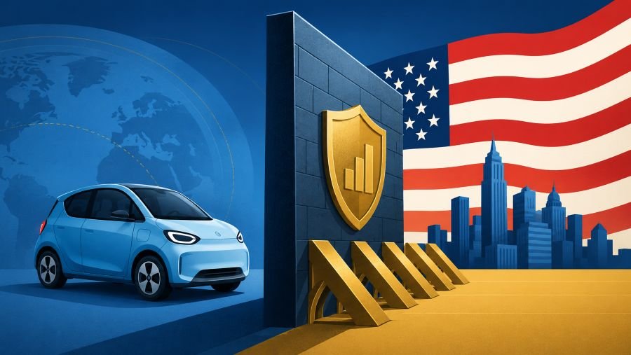 US tariffs blocking affordable Chinese EVs concept illustration
