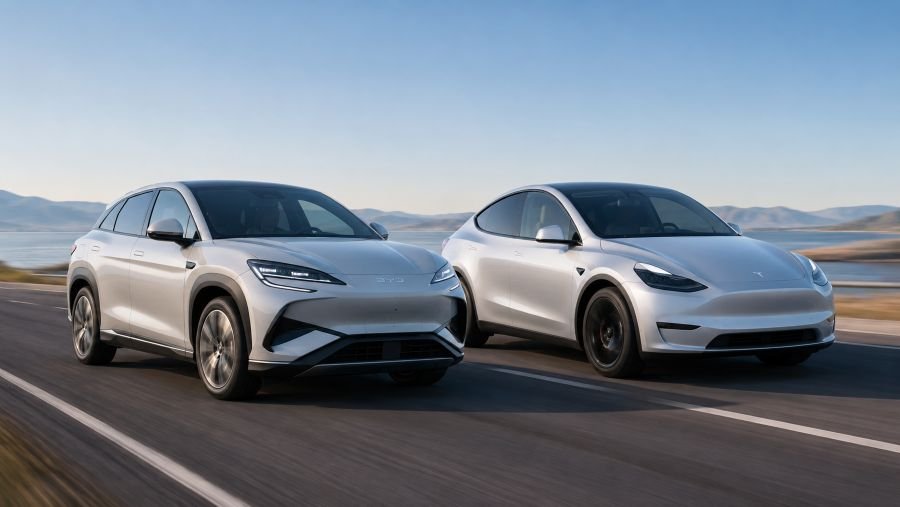 BYD Sealion 7 vs Tesla Model Y comparison shot showing both vehicles side by side on a modern highway