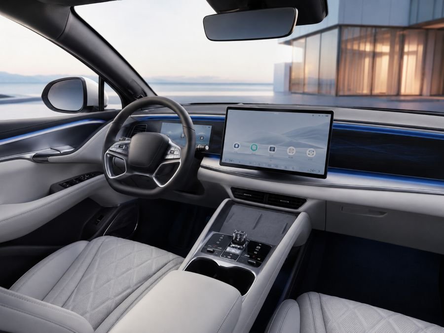 Close-up interior view of BYD Sealion 7 dashboard and modern infotainment system with premium materials