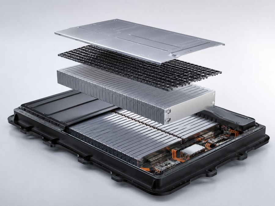 Cross-section view of electric battery pack showing BYD Blade Battery technology for durability and capacity
