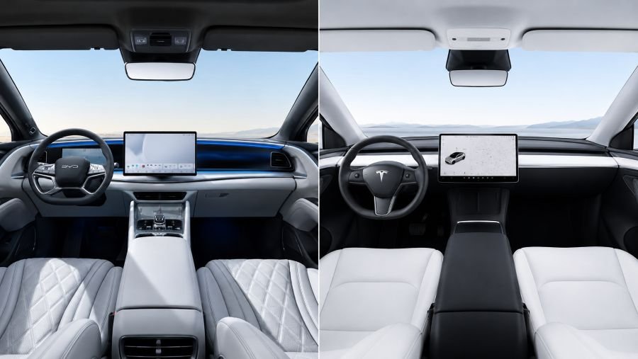 Interior cabin view of both vehicles showing seating, materials, and user interface design comparison