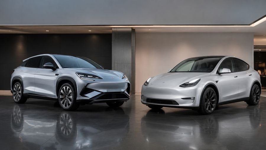 Side-by-side comparison of BYD Sealion 7 and Tesla Model Y in a modern automotive showroom setting with clean background
