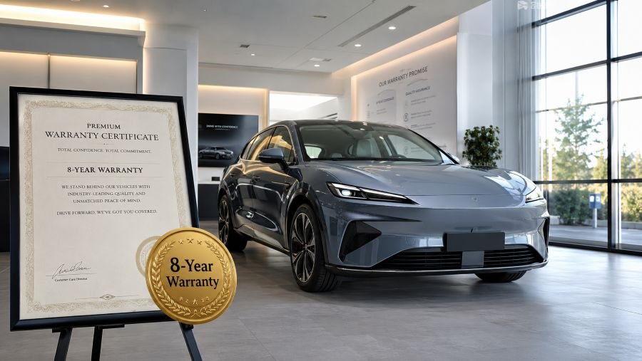 Modern Chinese EV in showroom with warranty certificate and protection badge