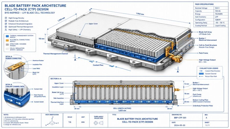 BYD battery pack technology showcase with blueprint-style engineering details