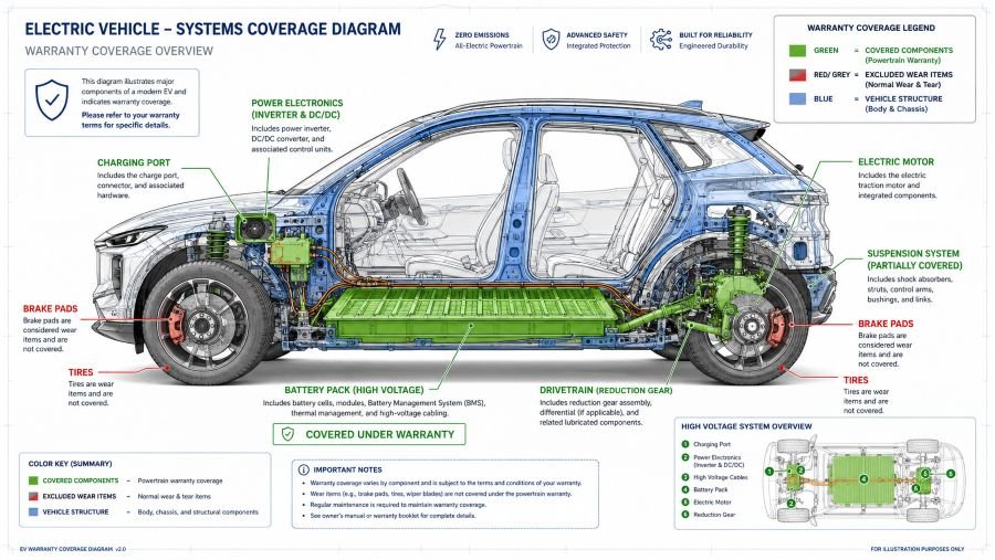 Detailed warranty coverage infographic showing included and excluded components of Chinese EV warranty