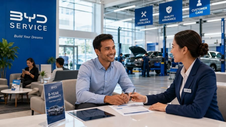 Chinese EV owner receiving excellent customer service at dealership service center
