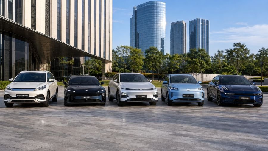 Side-by-side comparison of Chinese electric vehicles - BYD Yuan Plus, NIO ET6, XPeng G6, and Geely Geometry