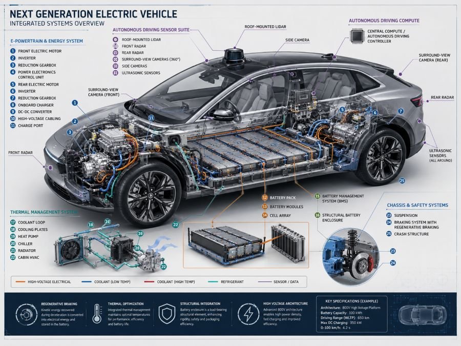 Cutaway illustration of Chinese electric vehicle showing battery, autonomous sensors, and motor systems