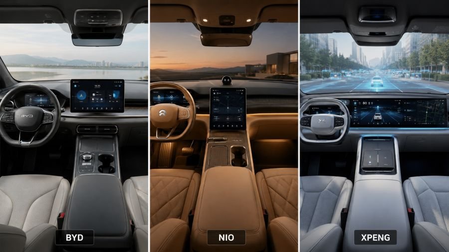 Interior cabin comparison showing BYD minimalism, NIO luxury with ambient lighting, XPeng tech dashboard