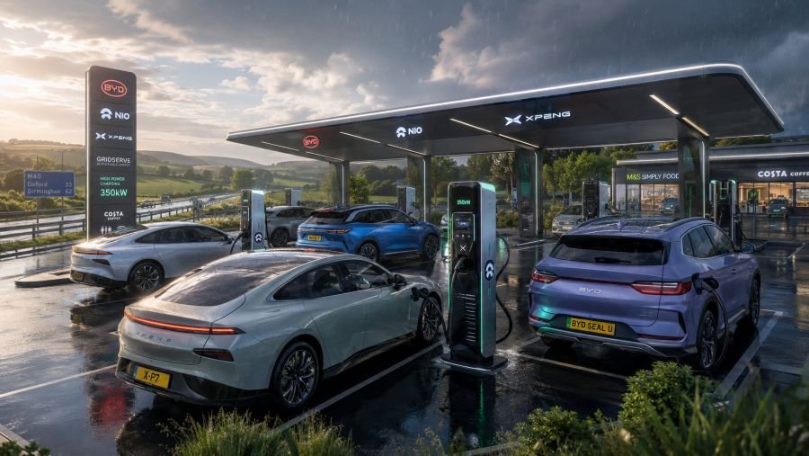 UK motorway scene with Chinese electric vehicles charging at rapid charging stations