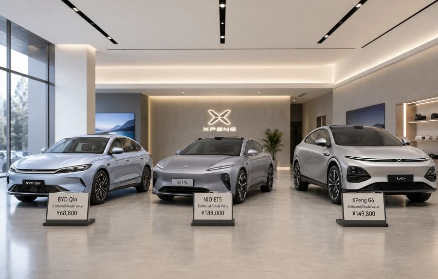 Comparison of Chinese EV brand resale values showing BYD, XPeng, NIO, and emerging brands over three years