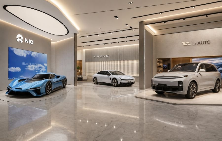 High-end Chinese electric cars parked in modern showroom displaying premium brands like NIO and XPeng with luxury design