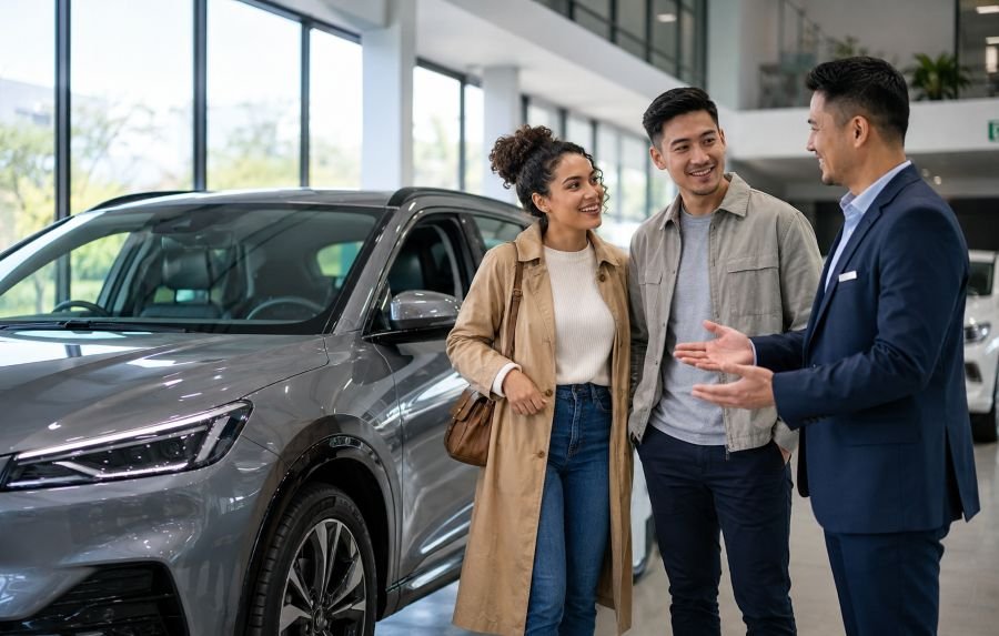 Young professional couple evaluating used Chinese EV at dealership lot, inspecting vehicle exterior and discussing features