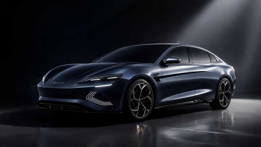 BYD Seraph luxury electric sedan in dramatic lighting