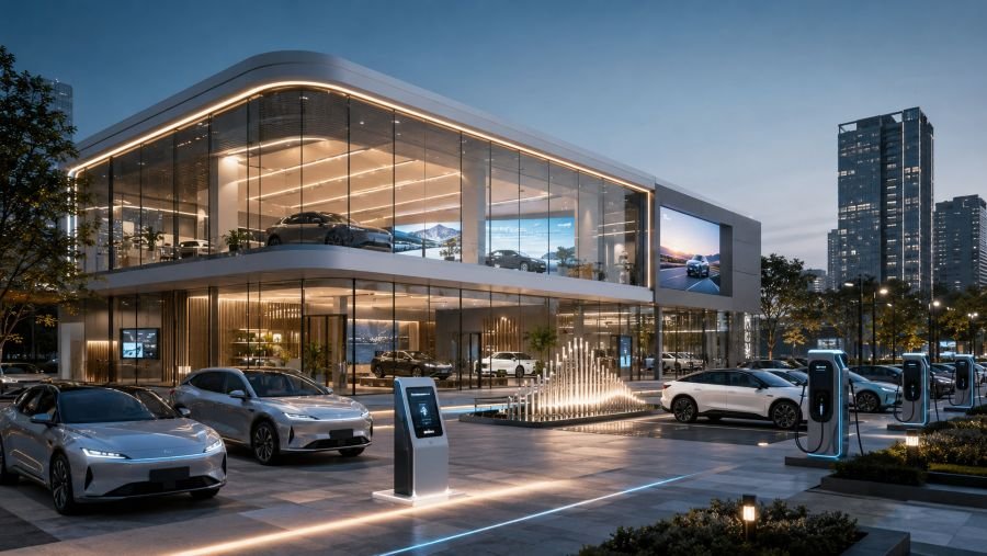 Future vision of Chinese EV dealership in American city