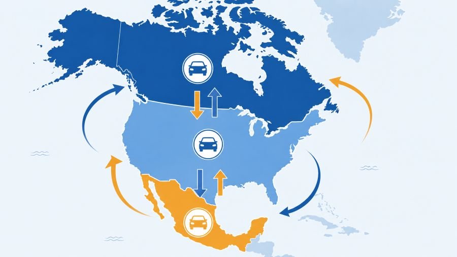 Map of North America illustrating USMCA automotive trade flows between the US, Mexico and Canada