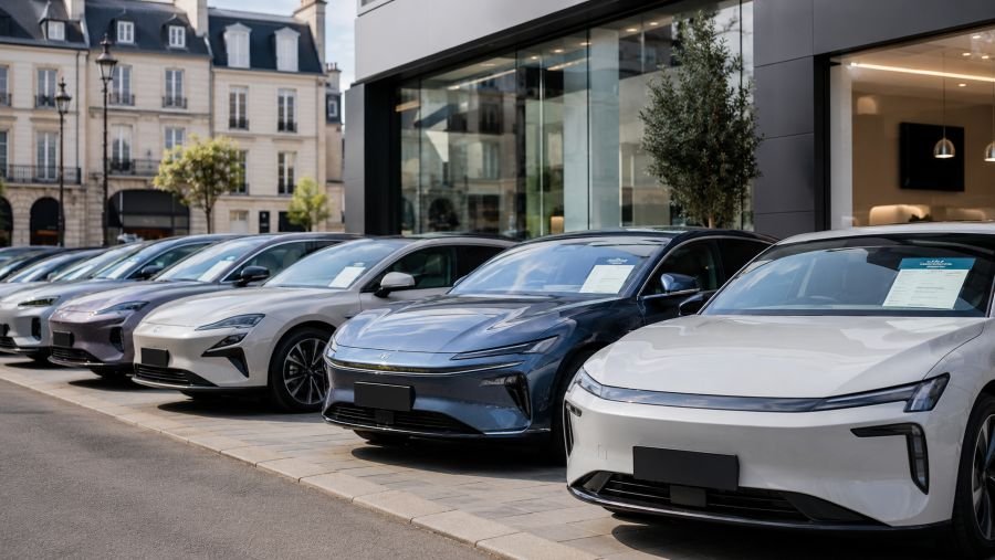 Chinese cars resale value guide showing modern EVs at a European used car dealership