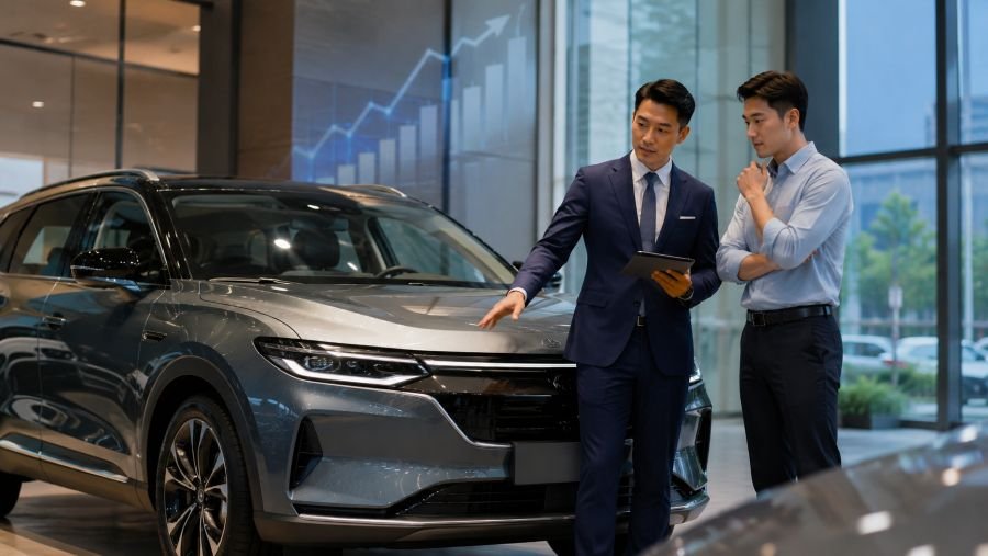 Chinese electric car resale value discussion between buyer and dealer in a showroom