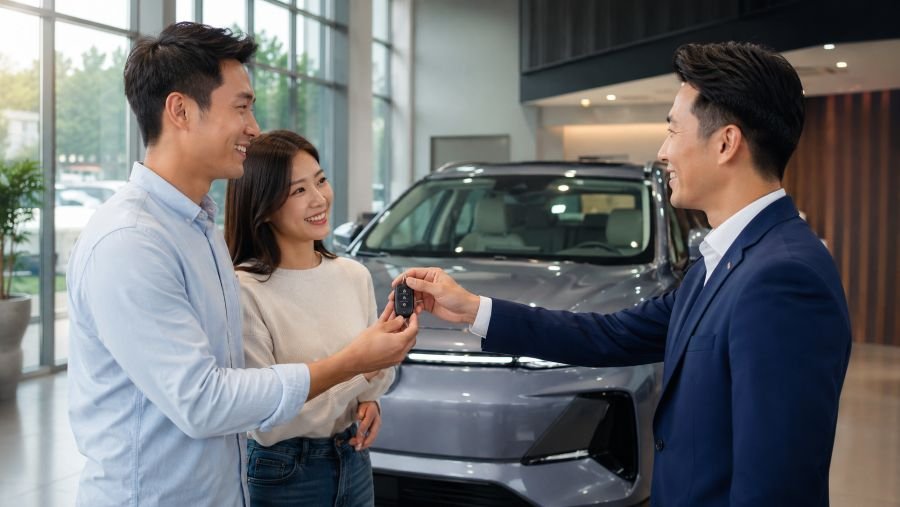 Happy buyer receiving keys for a used Chinese car with good resale value