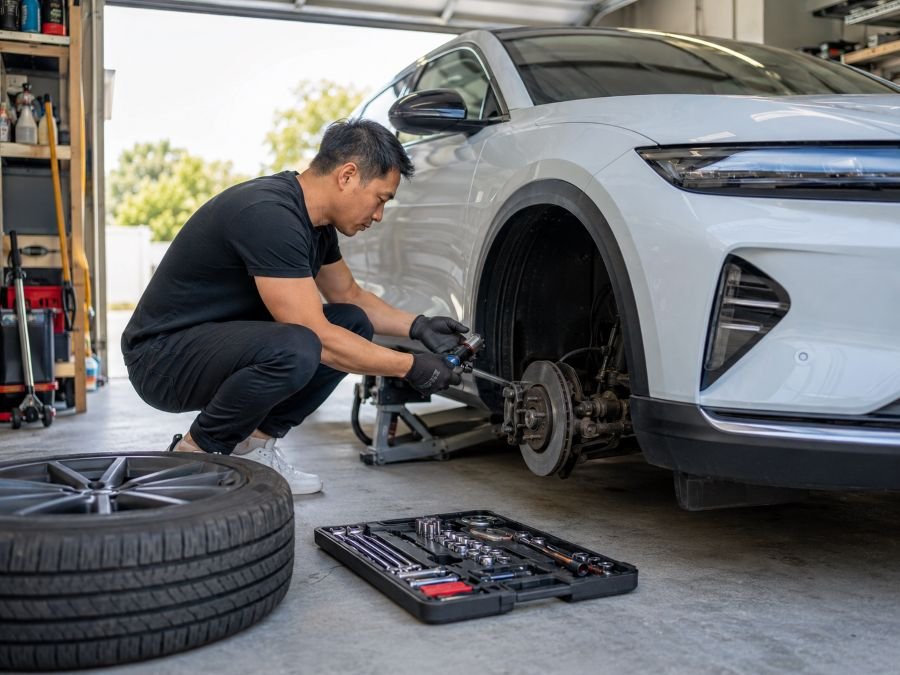 Owner performing basic DIY maintenance on Chinese EV including tire rotation and filter replacement