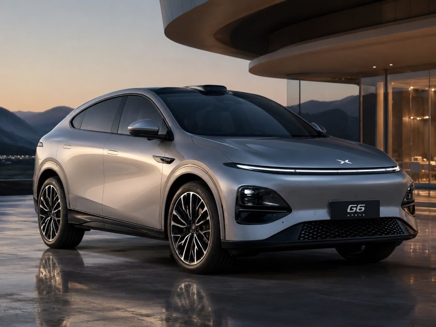 Futuristic Xpeng G6 SUV showcasing sleek profile with prominent LIDAR sensors and modern technology elements