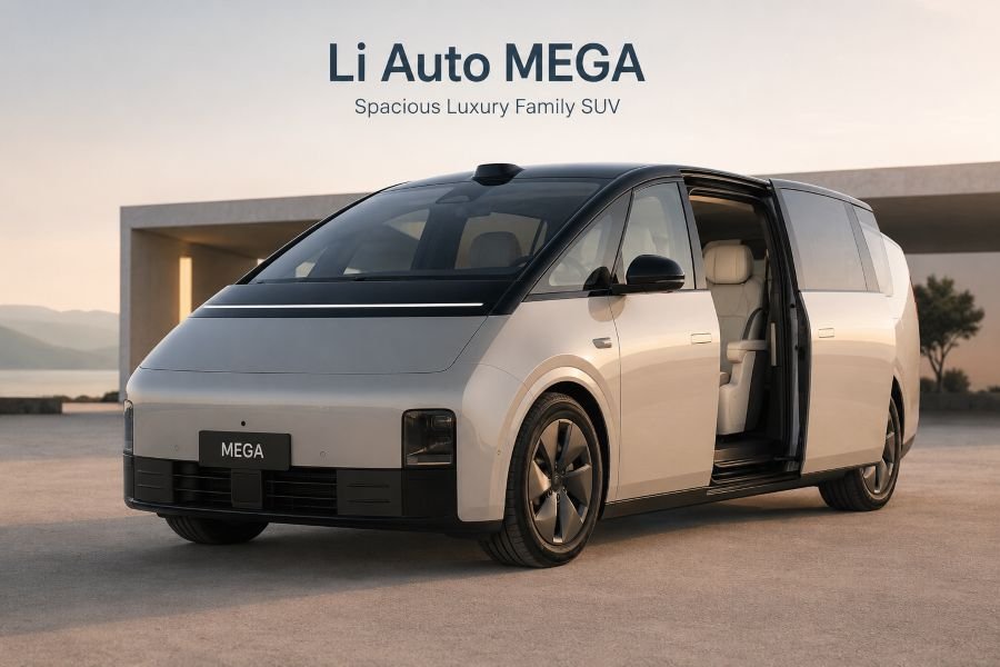 Spacious Li Auto Mega SUV with seven-seat interior visible through open doors in family setting