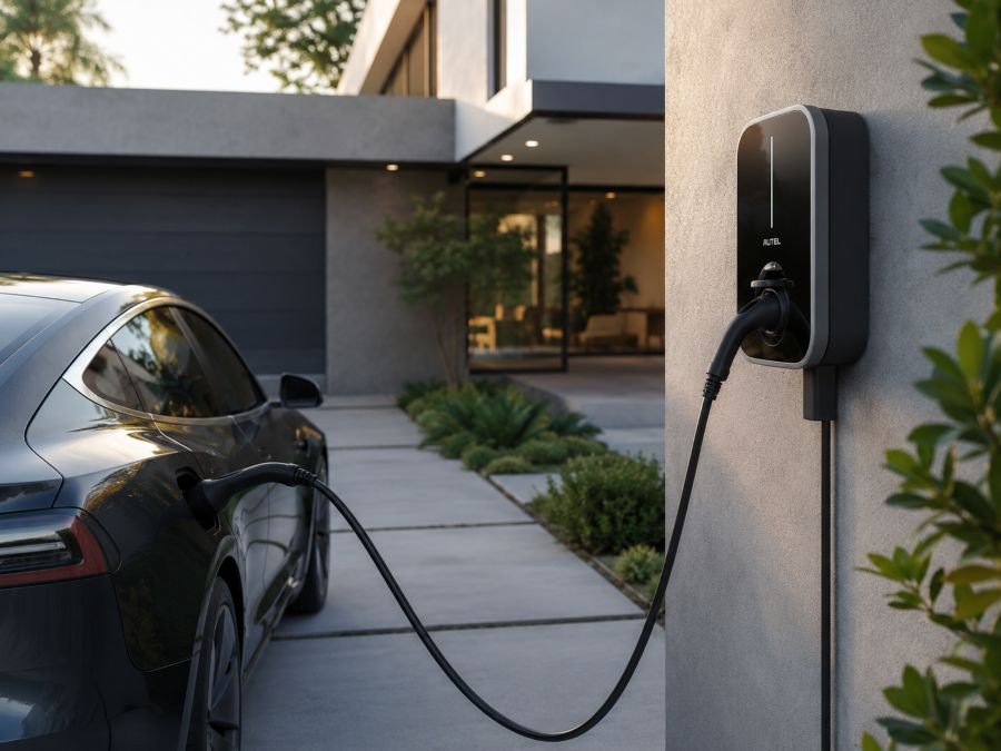 Modern home EV charging station with LED indicators, installed on residential property in suburban UK setting