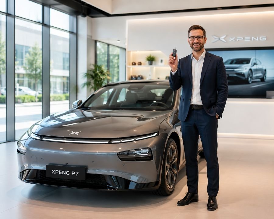 Young professional confident smile standing beside purchased Chinese electric car at dealership with certificate of authenticity displayed