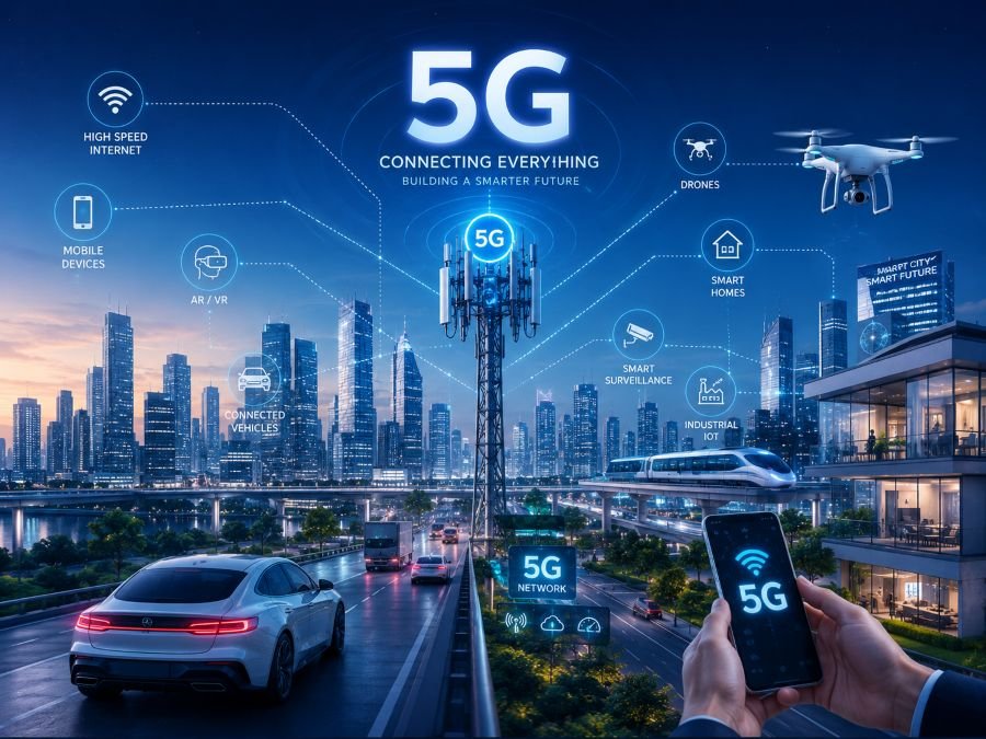 5G network infrastructure, connected devices, digital connectivity symbols, smart city technology, wireless signals illustration