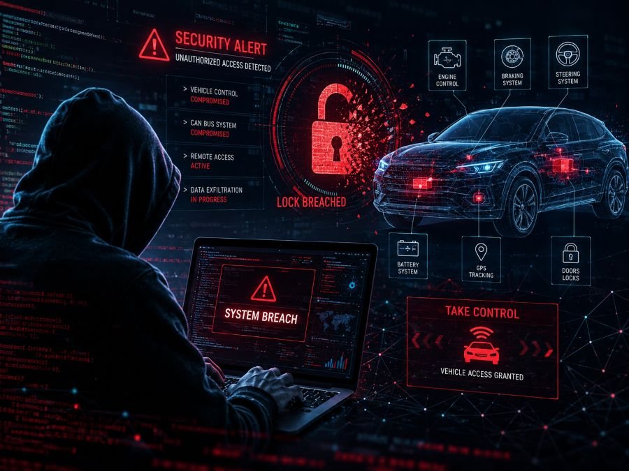 Cybersecurity threat illustration, hacker attacking vehicle systems, digital lock being breached, warning symbols, network security