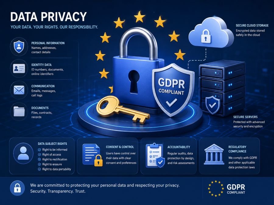 Data privacy concept, personal information symbols, lock and key security, cloud storage illustration, GDPR compliance
