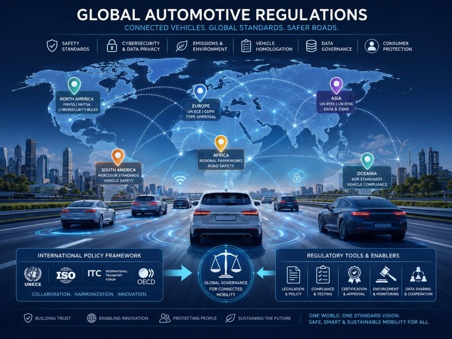 Global automotive regulations, world map with regulations, connected vehicles across borders, international policy framework