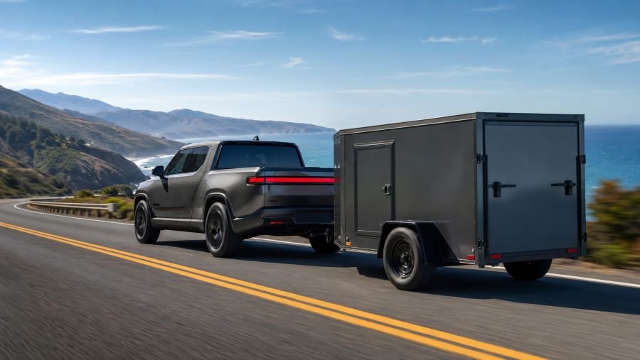 Electric pickup truck towing a trailer along a coastal highway