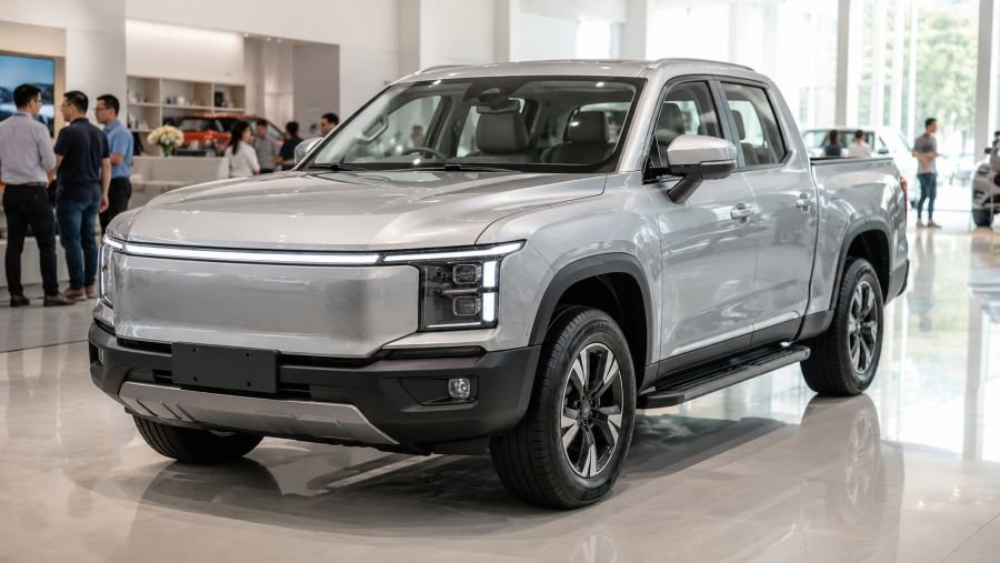 Chinese electric pickup truck displayed inside a modern dealership showroom
