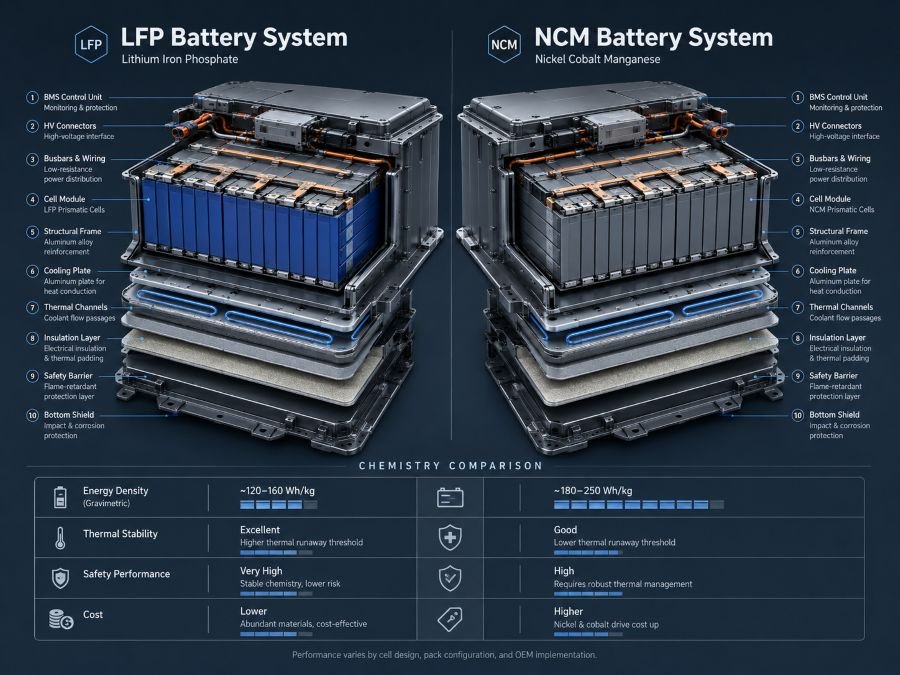 Battery Chemistry Comparison - LFP vs NCM Technology Diagram