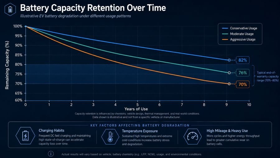 Battery Degradation Timeline - Capacity Retention Over Years Infographic