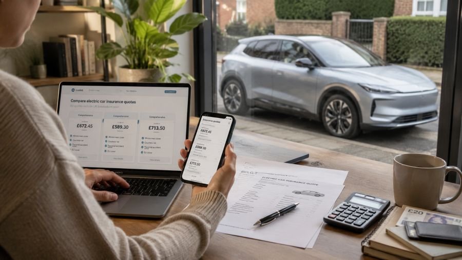 UK driver comparing Chinese electric car insurance quotes on a laptop and smartphone
