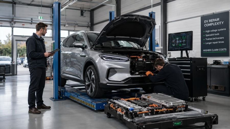 Chinese electric vehicle repair workshop showing EV battery and insurance repair complexity